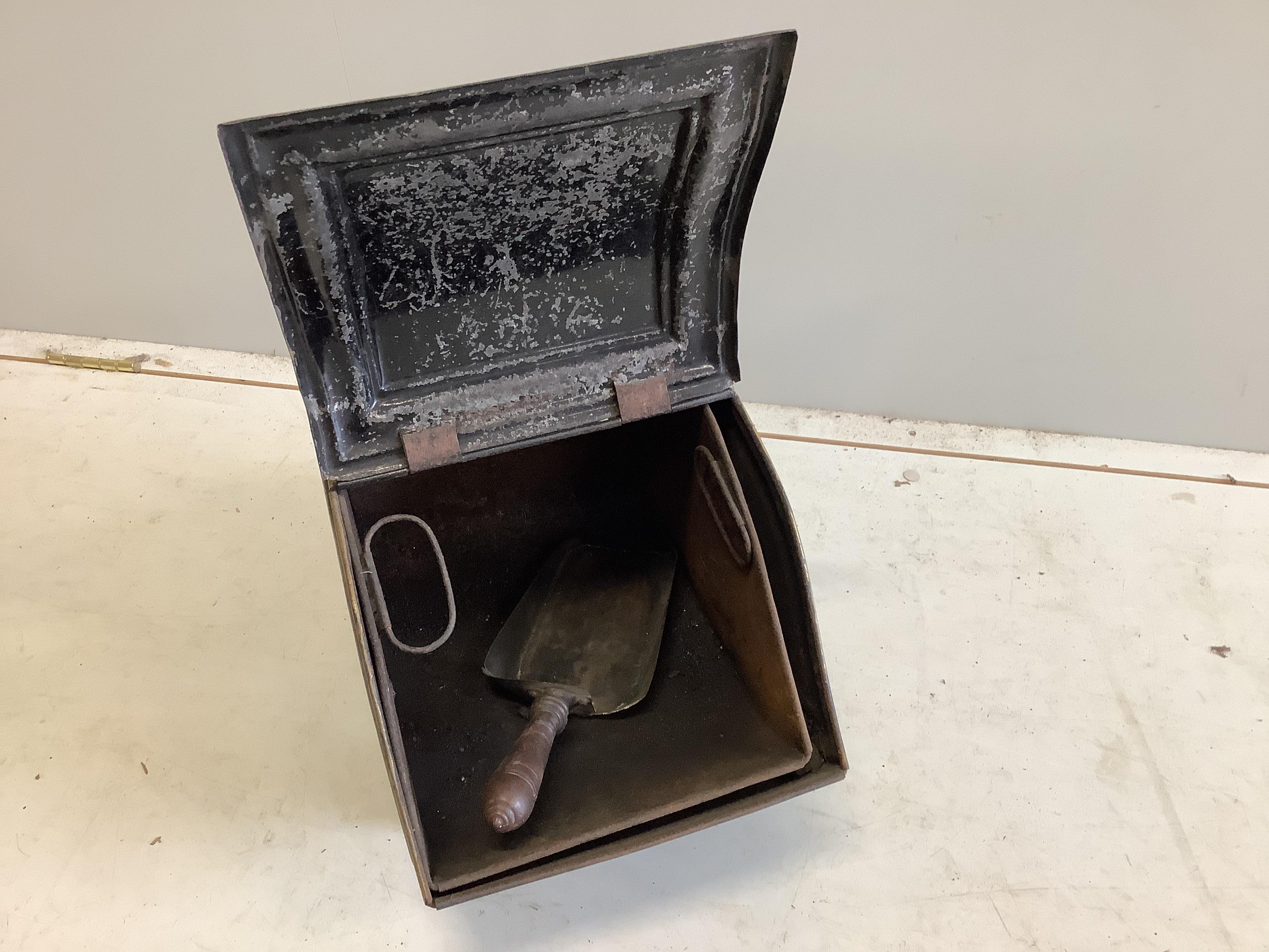 A Victorian toleware coal scuttle and scoop, width 28cm, height 41cm